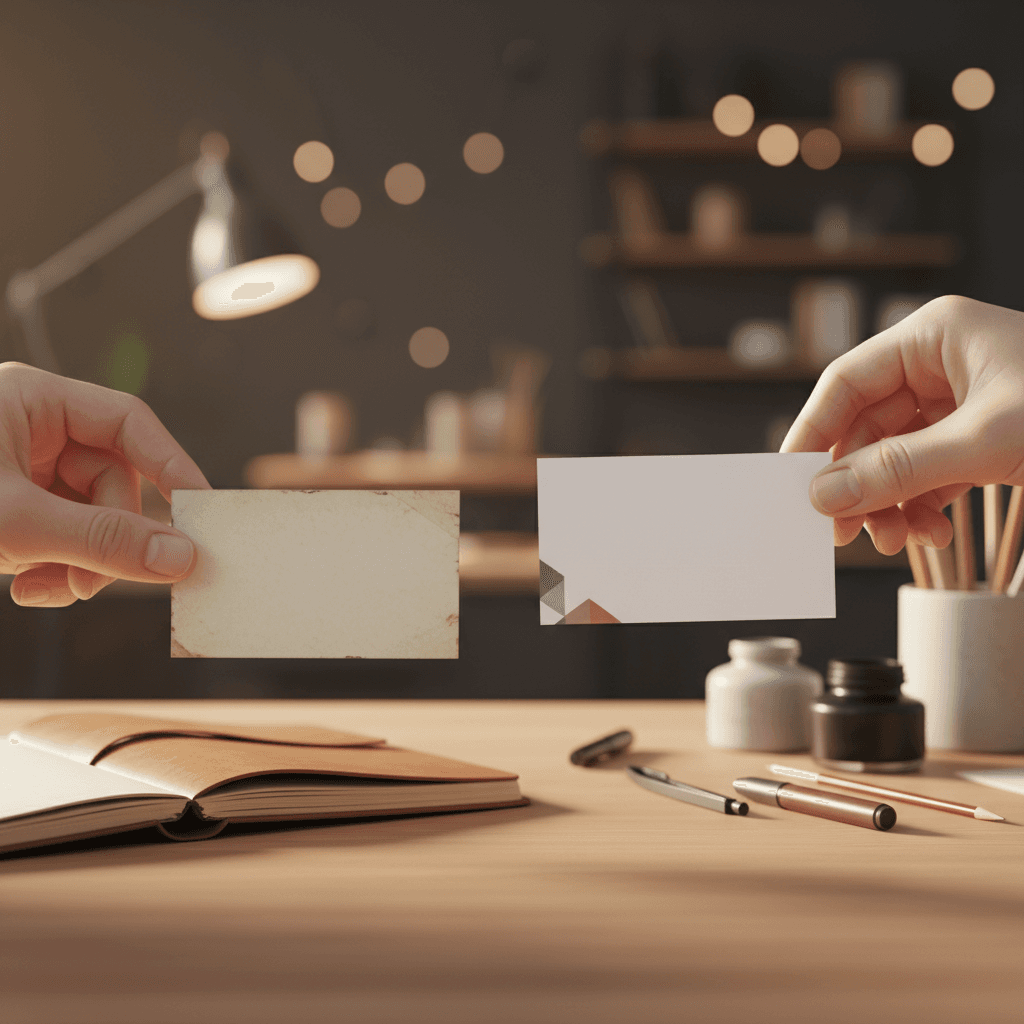 A person's hands replacing an old business card with a new one, symbolizing a corporate rebrand announcement published on NewsBreak.