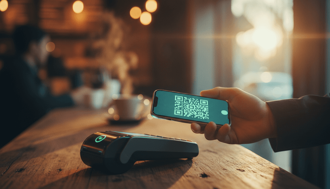 A close-up of a crypto payment integration in action, with a phone being used at a payment terminal, representing a NewsBreak feature.