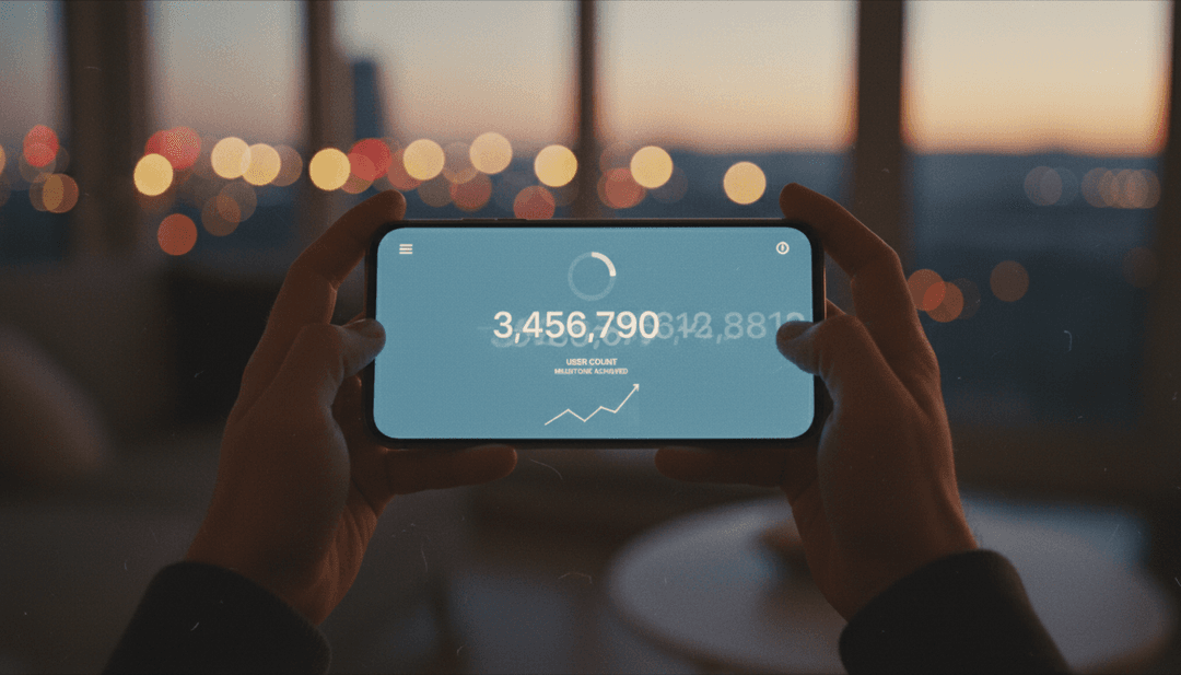 A person's hands holding a smartphone displaying a dashboard with a rising user count, representing a crypto user milestone announcement on NewsBreak.