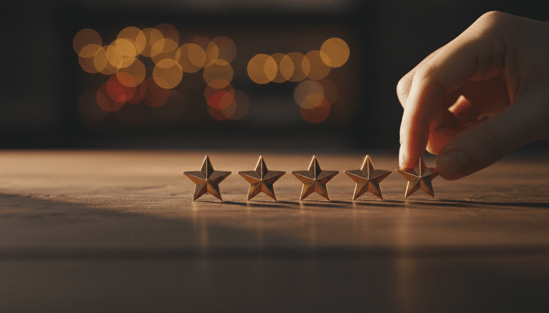 A close-up image representing a customer satisfaction milestone, with a hand placing a fifth gold star, for a feature on a news outlet like NewsBreak.