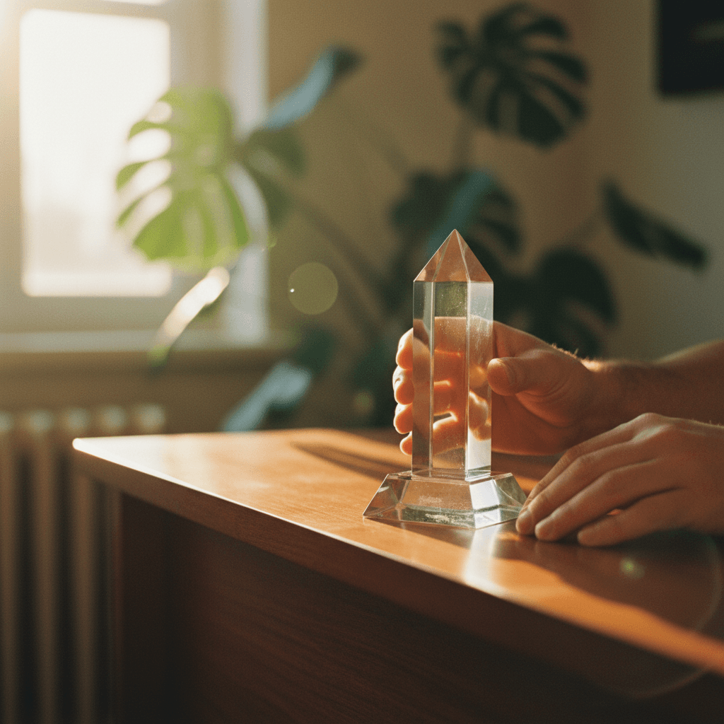 A close-up image showing hands placing a glass Customer Service Excellence Award on a desk, symbolizing its announcement on NewsBreak.