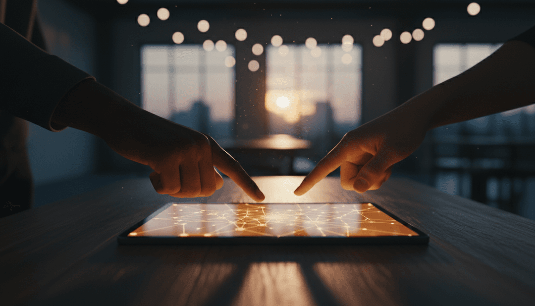 Hands collaborating over a glowing tablet, symbolizing a DAO formation announcement being published on a news outlet like NewsBreak.