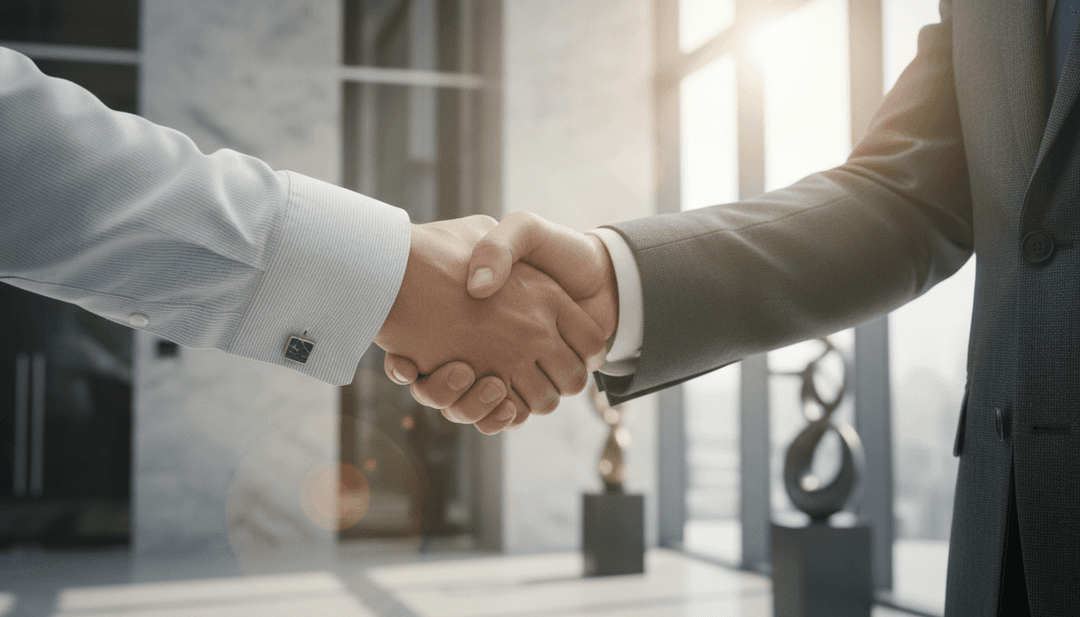 A close-up of a professional handshake, symbolizing an enterprise customer announcement being featured on a news outlet like NewsBreak.