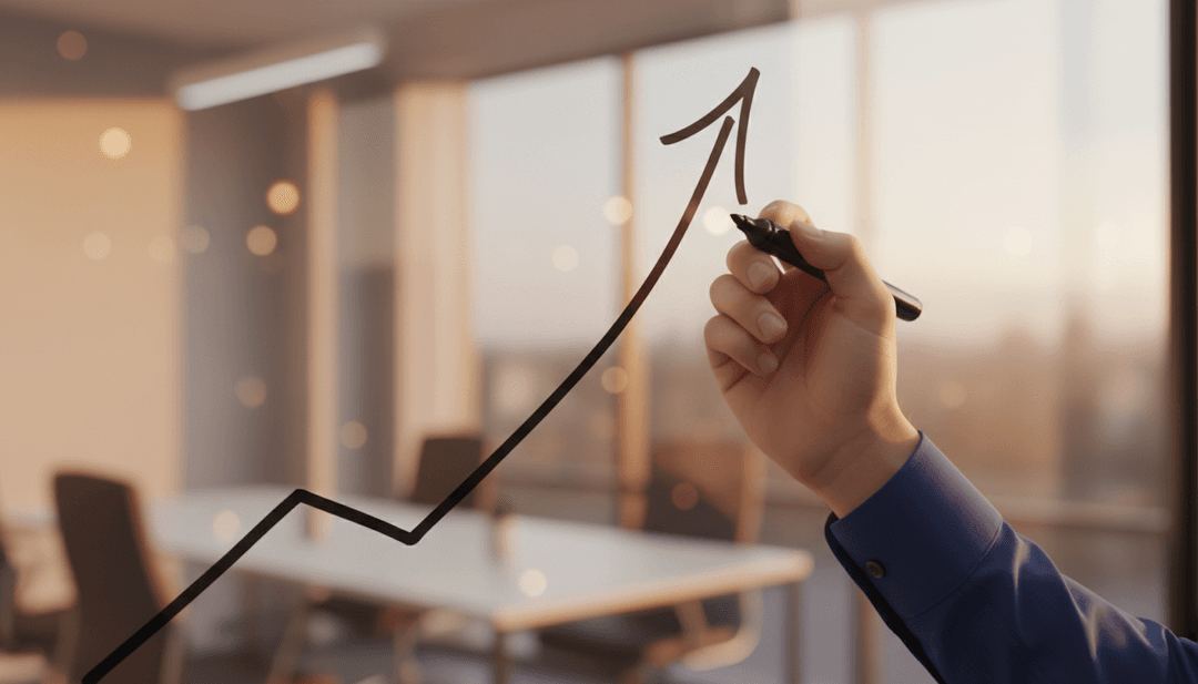 A hand drawing an upward arrow, symbolizing fast-growing company recognition from a feature on a news outlet like NewsBreak.