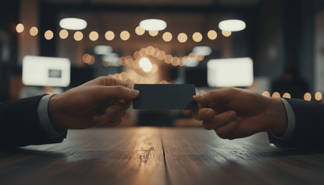 A close-up image of a hand passing a credit card to another, symbolizing a first paying customer milestone announcement on NewsBreak.