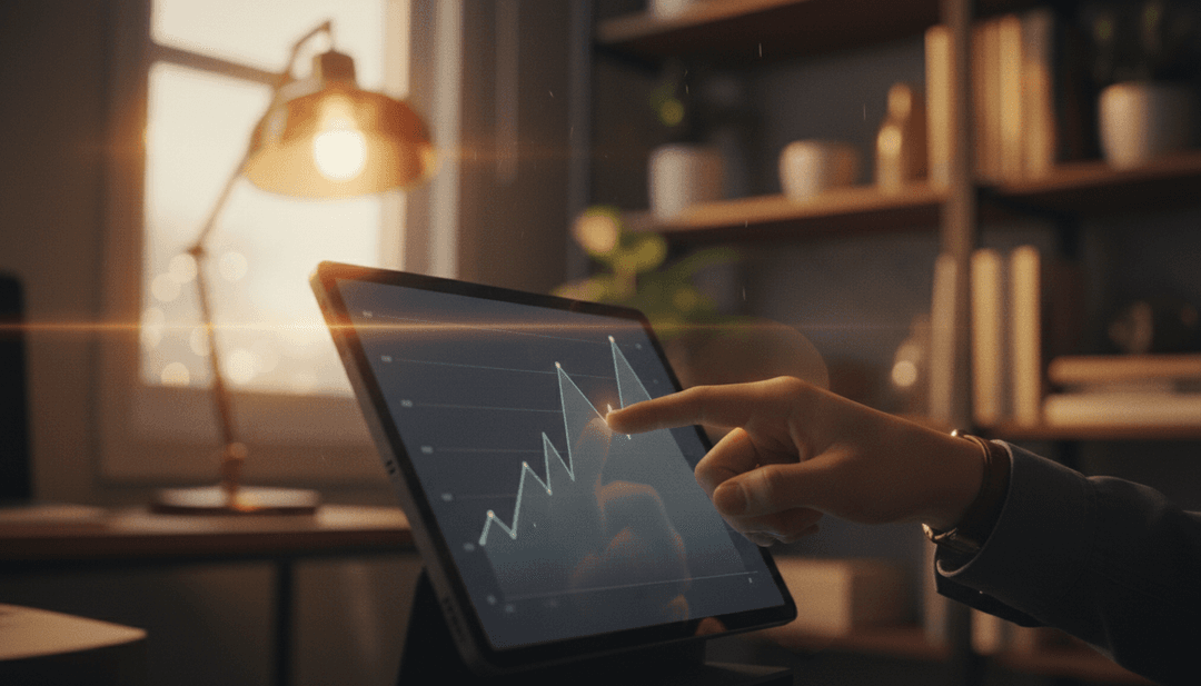 A close-up of a hand pointing to a growth chart on a tablet, symbolizing a first revenue milestone announcement featured on NewsBreak.