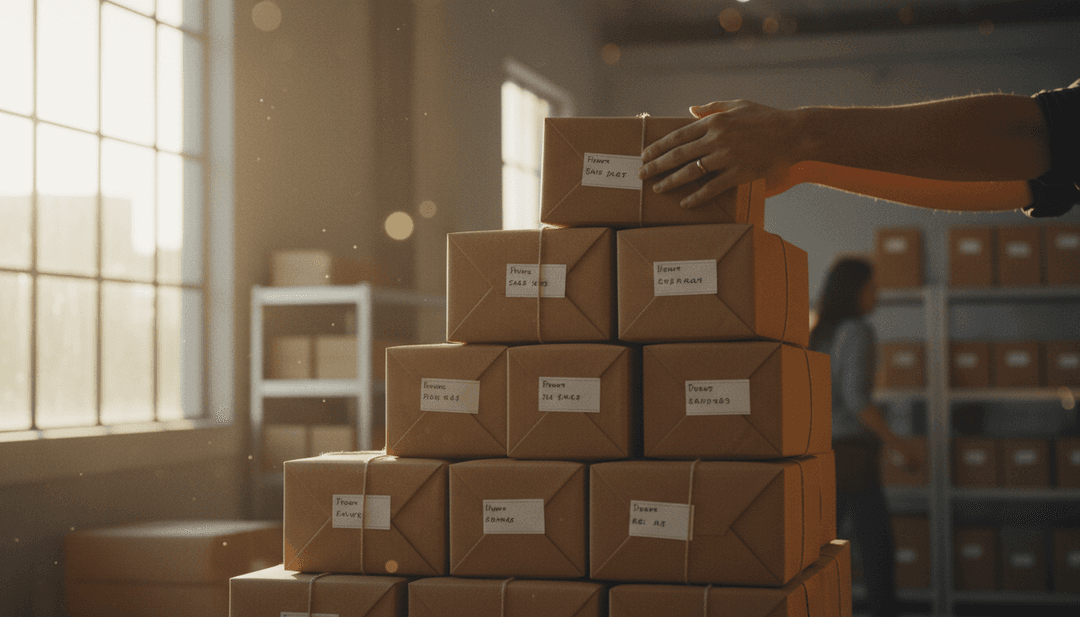A person's hands stacking a package, symbolizing the achievement of a GMV milestone announced on a news outlet like NewsBreak.