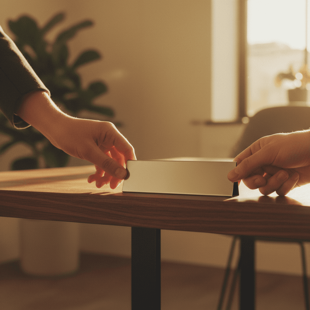 A person places a new nameplate on a desk, symbolizing a Head of Growth appointment announced on media outlets like NewsBreak.