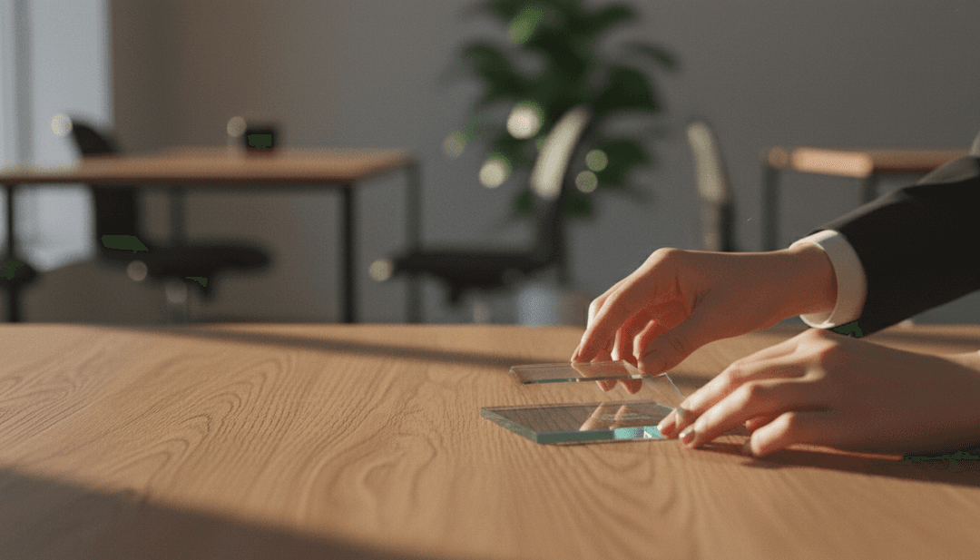 A close-up of hands placing a glass award on a desk, symbolizing a company's 'Inclusion in Best Places to Work' announcement on NewsBreak.