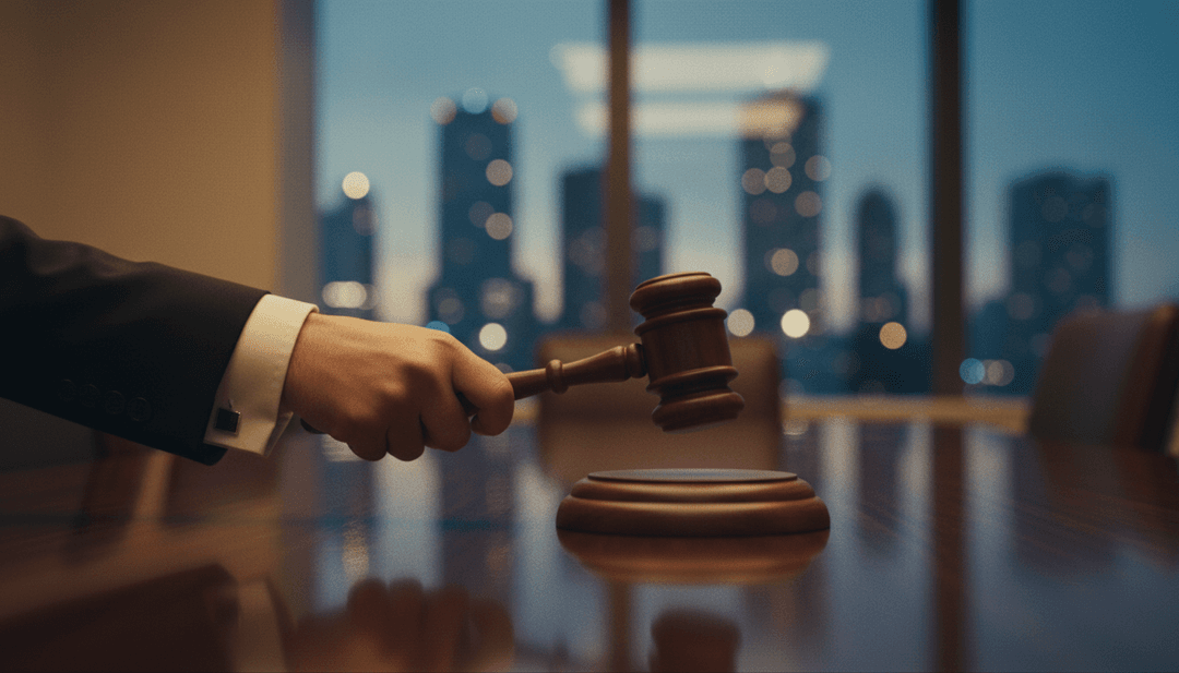 A close-up of a hand placing a gavel, symbolizing the finality of an IPO completion announcement featured on NewsBreak.