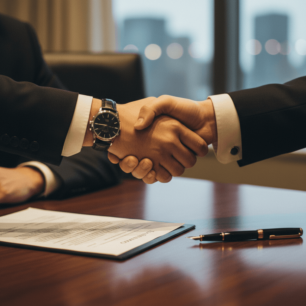 A cinematic photo of a handshake symbolizing a key client acquisition, relevant for an announcement on NewsBreak.