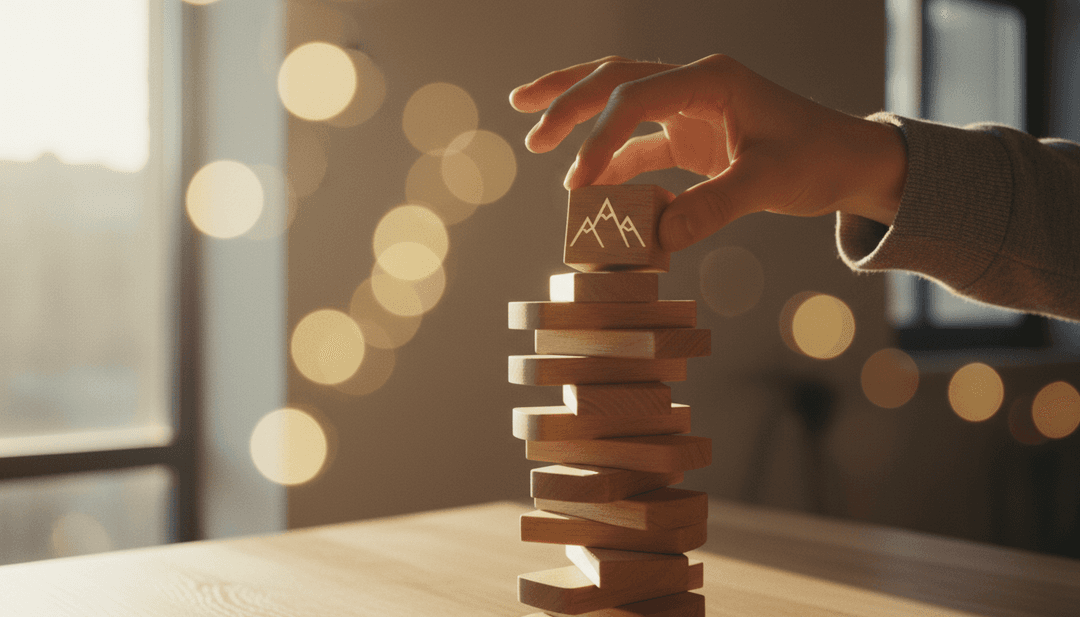 Hands placing a block with a peak symbol on a stack, symbolizing a major milestone achievement featured on NewsBreak.