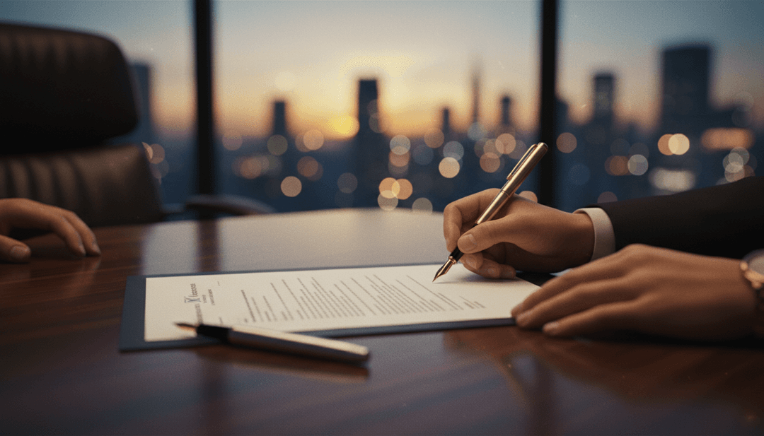 Two hands signing a document to finalize a business deal, representing a merger announcement feature on NewsBreak.