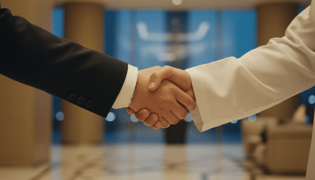 A close-up of a handshake symbolizing a business deal for a Middle East expansion, with coverage available on NewsBreak.