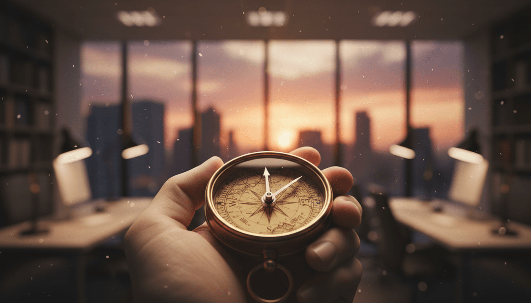 A person's hand holding a compass, symbolizing a company's new mission and vision update announced on NewsBreak.