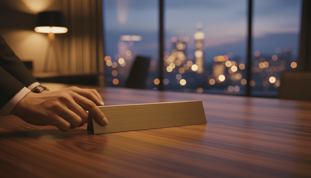 A close-up photo representing a new CEO announcement, showing hands placing a nameplate on a desk, featured on NewsBreak.