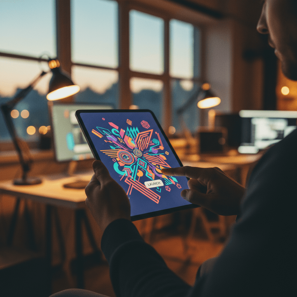 A close-up image of hands launching an NFT marketplace on a tablet, symbolizing a feature on NewsBreak.