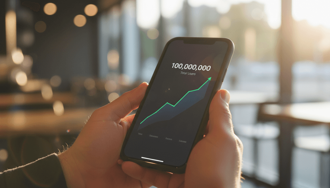 A person holding a phone displaying a graph showing a one hundred million users milestone, symbolizing a growth announcement featured on NewsBreak.