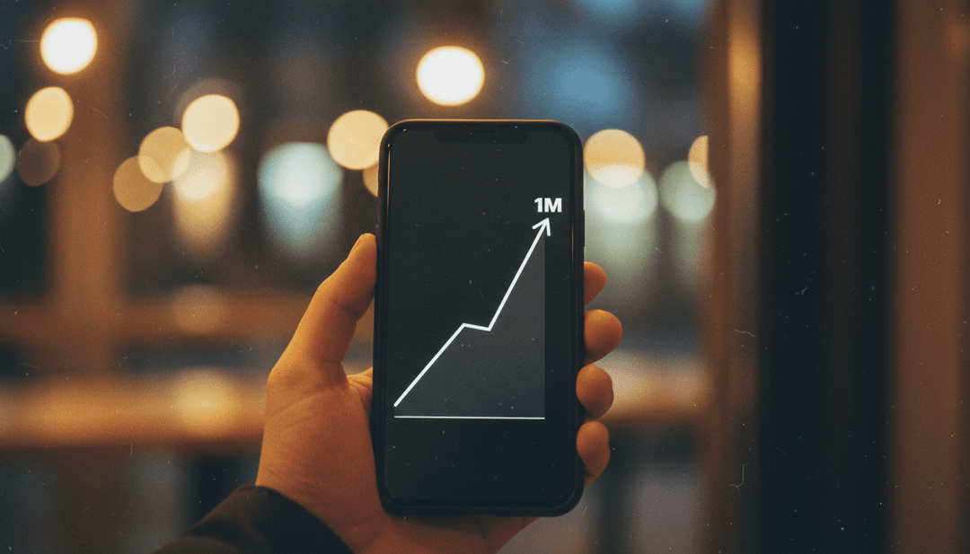 A close-up of a smartphone screen showing a business graph reaching a one million transactions milestone, representing a successful announcement on NewsBreak.