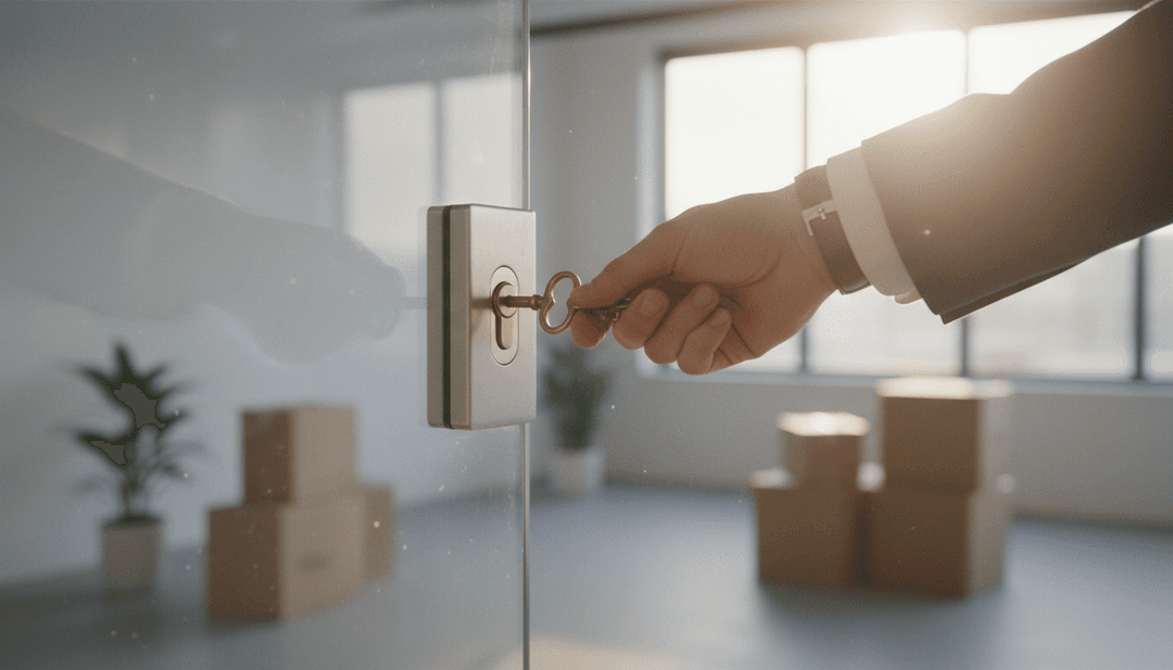 A hand unlocking the door to a new office, symbolizing the announcement of opening a new HQ on NewsBreak.