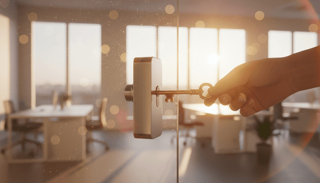 A close-up image of a key unlocking a new office, symbolizing an announcement for opening a new office on NewsBreak.