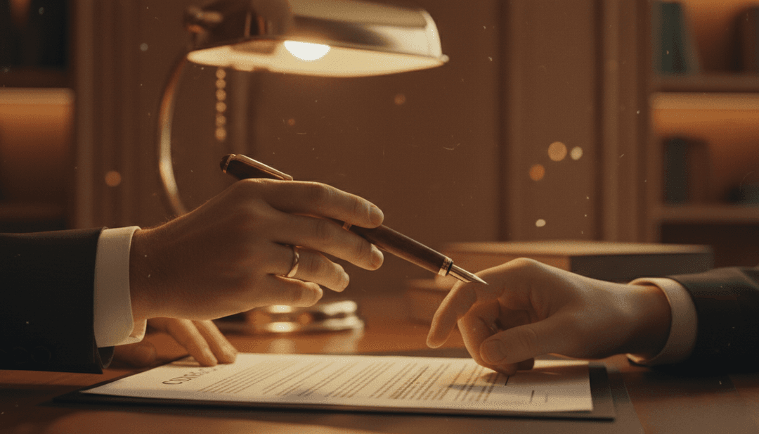 A cinematic photo representing a private equity investment, with one hand passing a pen to another over a document.