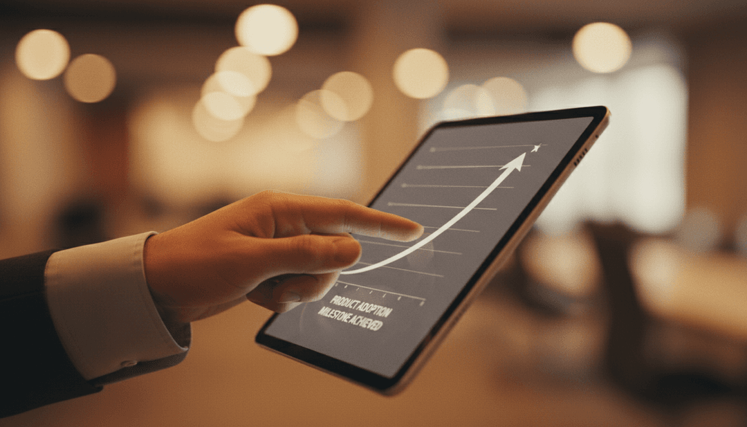 A close-up of a hand pointing to a growth chart on a tablet, representing a product adoption milestone announcement on NewsBreak.