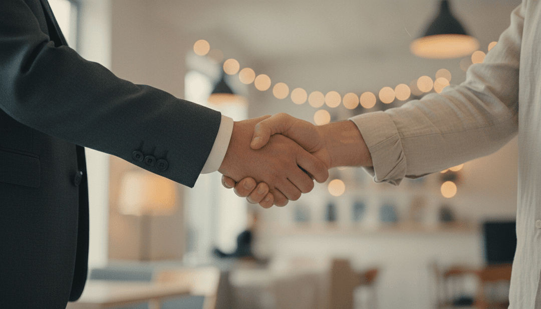 A close-up of a handshake symbolizing a reseller partnership announcement, with a NewsBreak feature in mind for brand visibility.