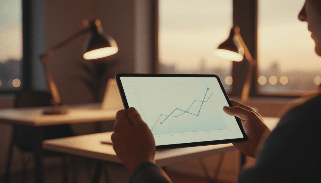 A close-up of a tablet showing a growth chart, representing a revenue milestone announcement featured on NewsBreak.