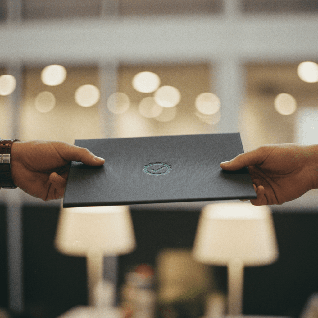 A person receives a formal report symbolizing a security audit completion, for an announcement feature on NewsBreak.