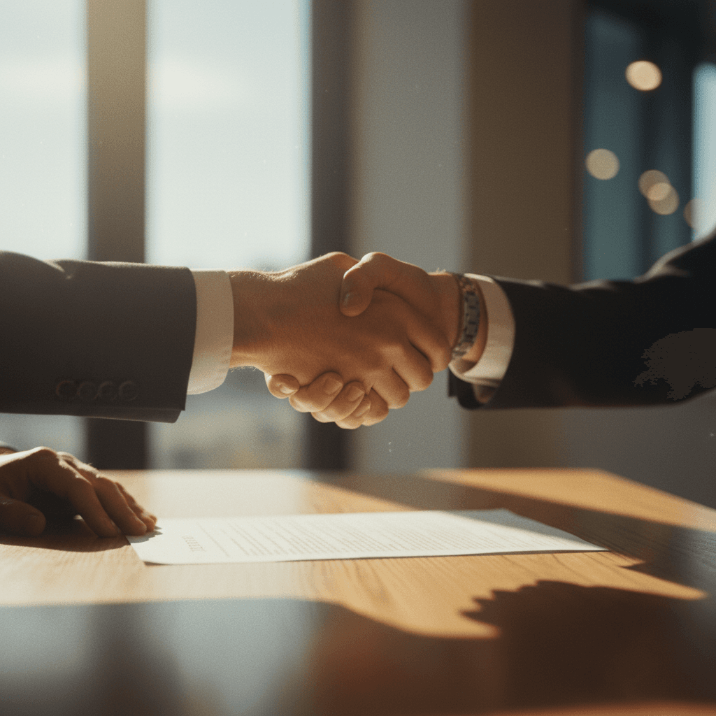 A close-up of a handshake over a desk, symbolizing the finalization of a seed funding agreement before its announcement on NewsBreak.