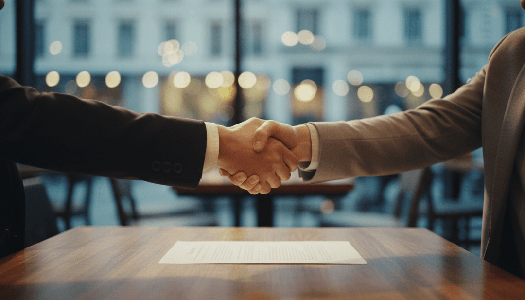 A close-up, cinematic photo of a handshake sealing a deal, representing a Series A funding announcement featured on NewsBreak.