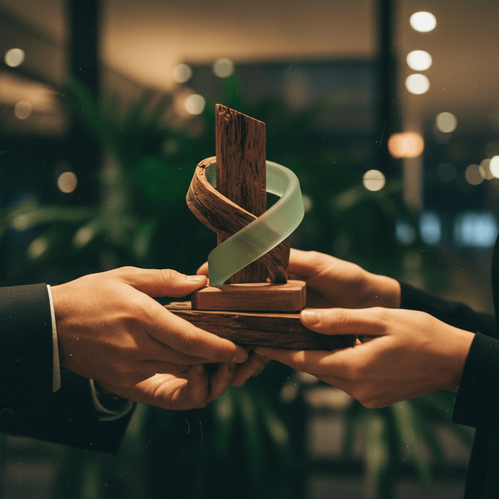A close-up image showing a person receiving a sustainability award, symbolizing a company's environmental achievement featured on NewsBreak.