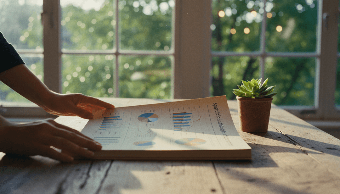 A person's hands place a printed sustainability report on a wooden desk, representing a corporate announcement on NewsBreak.