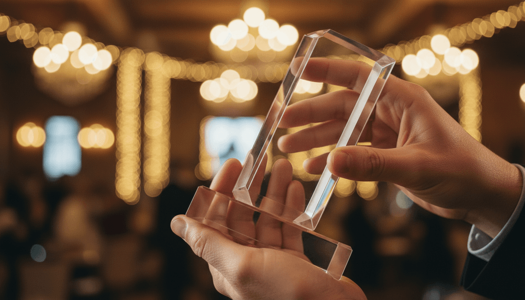 A person holding a modern glass trophy, symbolizing a tech excellence award announcement featured on news platforms like NewsBreak.