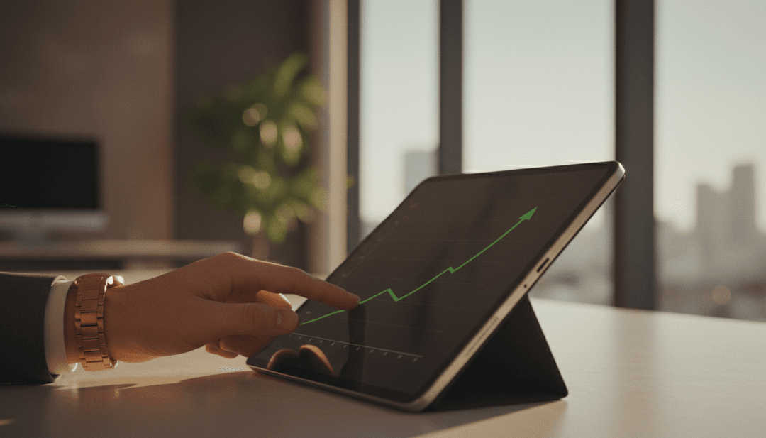 A person's hand pointing to a growth chart on a tablet, symbolizing a ten million ARR milestone announcement featured on NewsBreak.