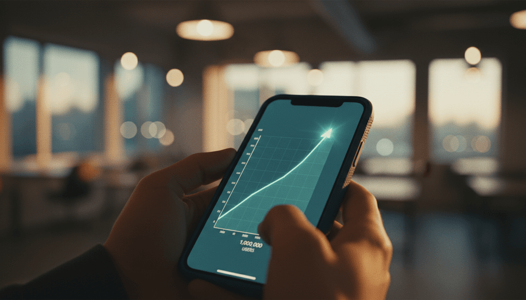 A person's hands holding a smartphone showing a growth chart, representing a ten million downloads milestone announcement on NewsBreak.