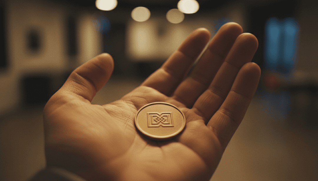 A cinematic photo of a hand revealing a physical token, representing a token launch announcement featured on news outlets like NewsBreak.