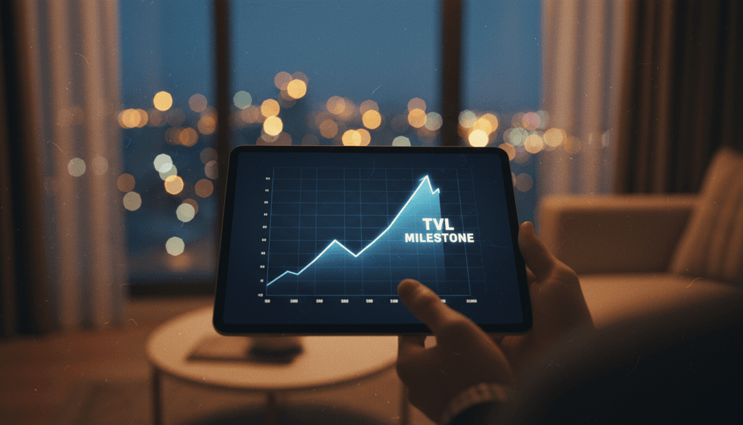 A person reviews a chart showing a significant TVL milestone on a tablet, representing a successful project announcement on NewsBreak.