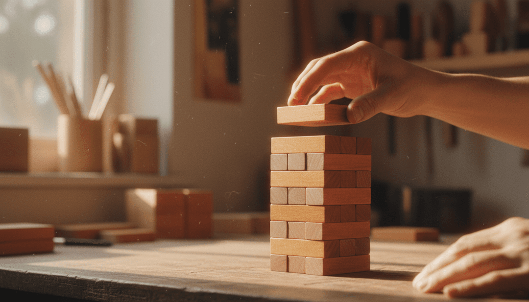 A close-up image of hands carefully stacking blocks, symbolizing the achievement of a user retention milestone announced on NewsBreak.