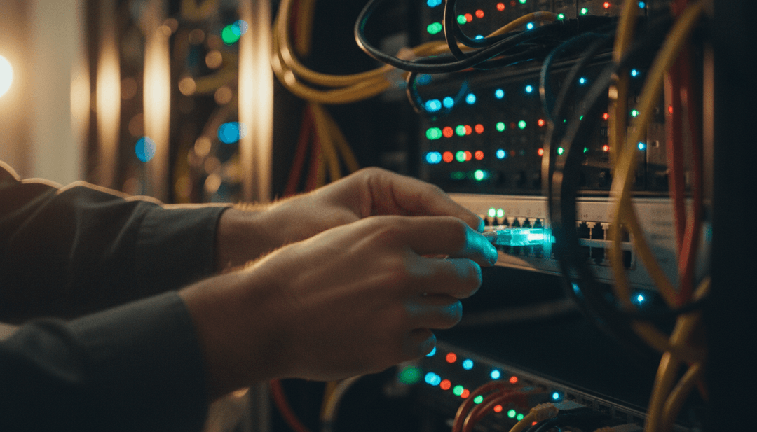 A close-up of hands plugging a network cable into a server, representing a validator onboarding update announcement featured on NewsBreak.
