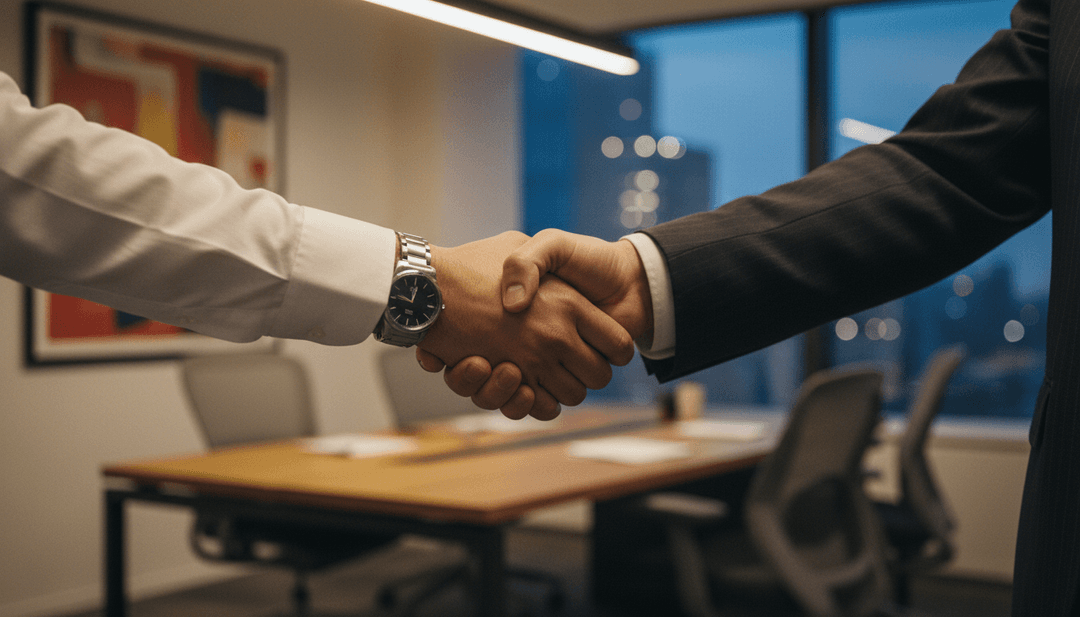 A close-up cinematic photo of a handshake symbolizing a VP of Sales appointment, with a blurred office background, representing a story featured on NewsBreak.