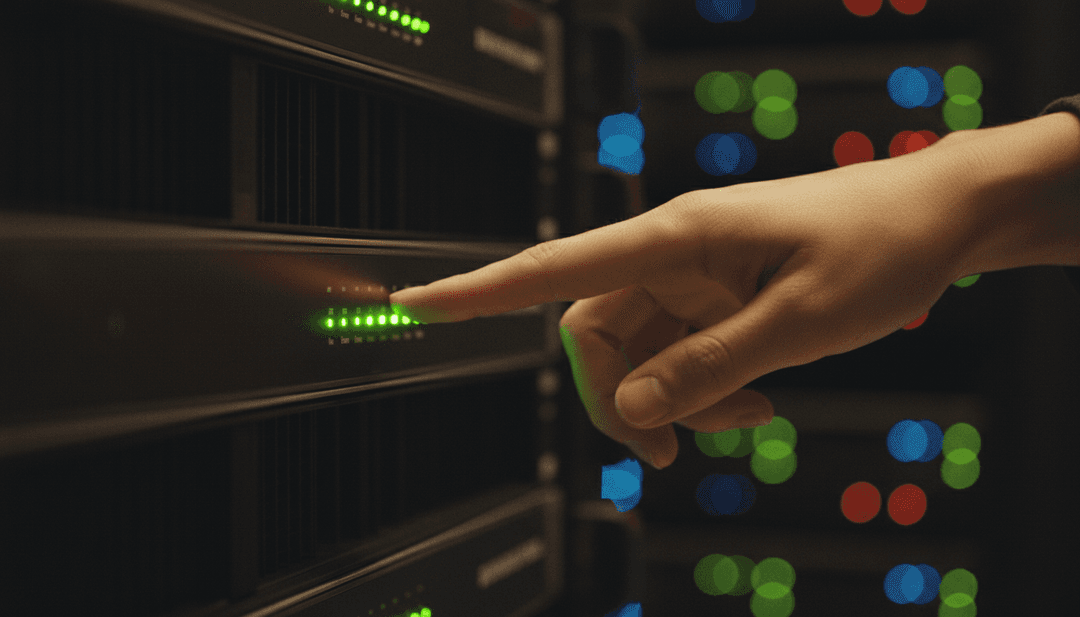 A hand touches a server rack with all green lights, symbolizing a zero downtime quarter milestone announced on NewsBreak.