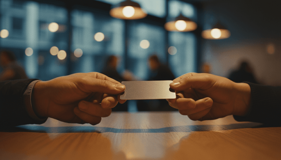 Close-up of hands exchanging a card, symbolizing an affiliate partnership announcement for publication on media like SINA News.
