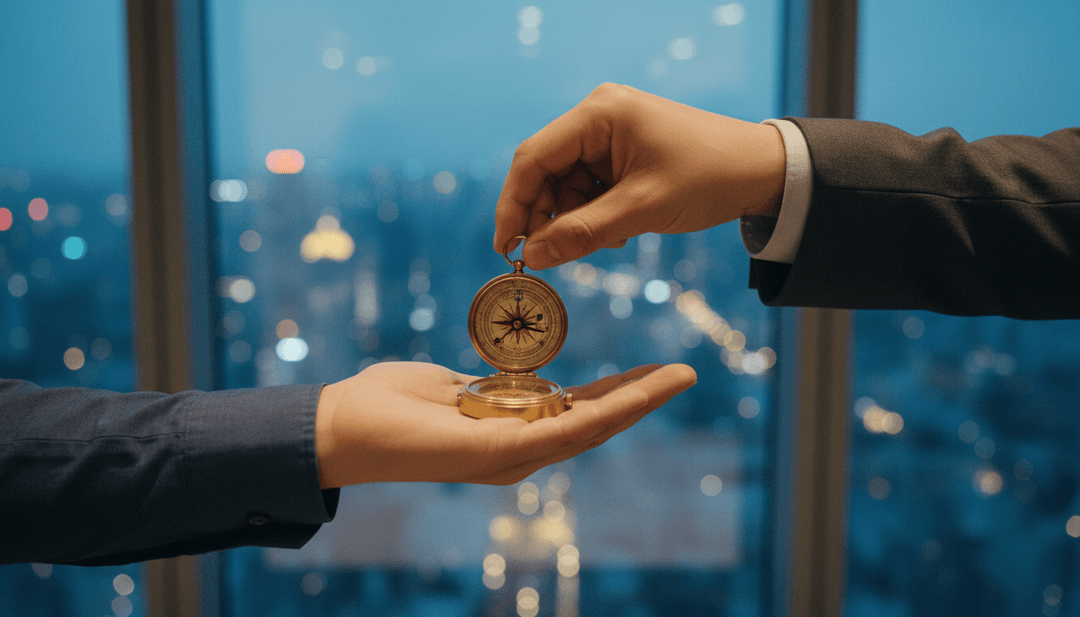 Close-up of hands exchanging a compass, symbolizing a strategic Asia market entry announcement featured on SINA News.