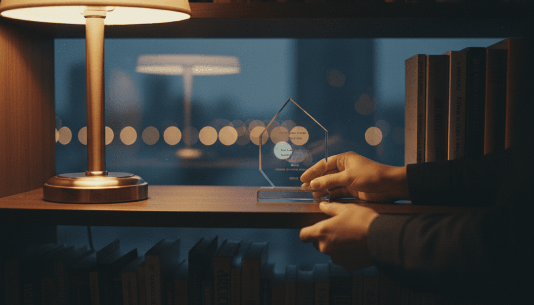 A person places a glass award on a shelf, symbolizing an award recognition announcement being featured on a trusted outlet like SINA News.