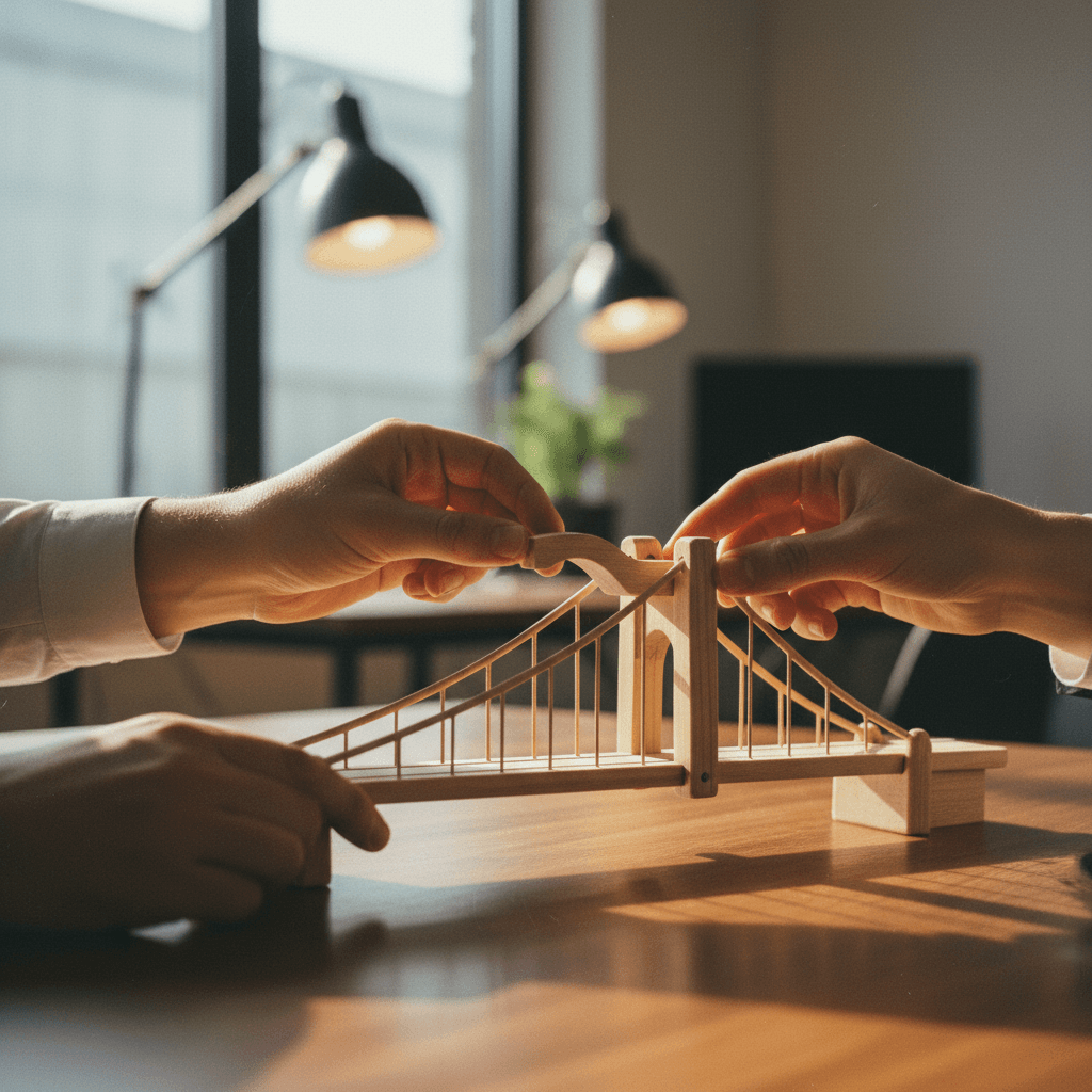 A symbolic image for a bridge round announcement featured on SINA News, showing hands carefully completing a small wooden model of a bridge.