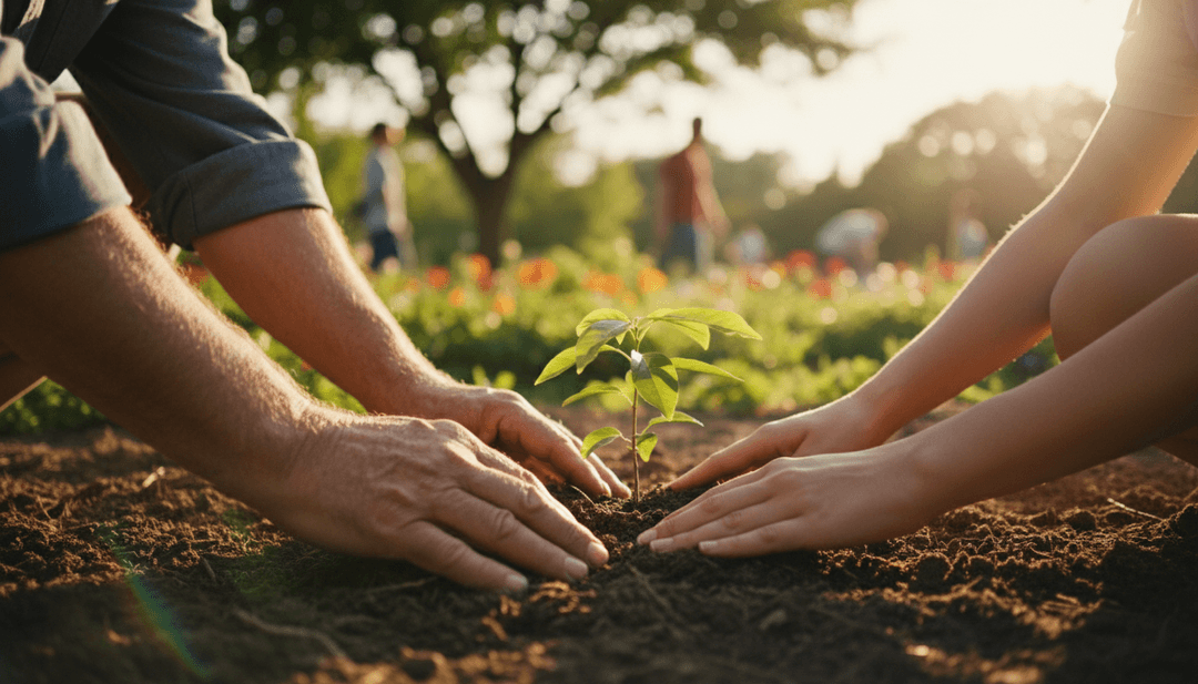 Hands planting a small tree, symbolizing a CSR initiative launch announced on SINA News, highlighting community and environmental commitment.