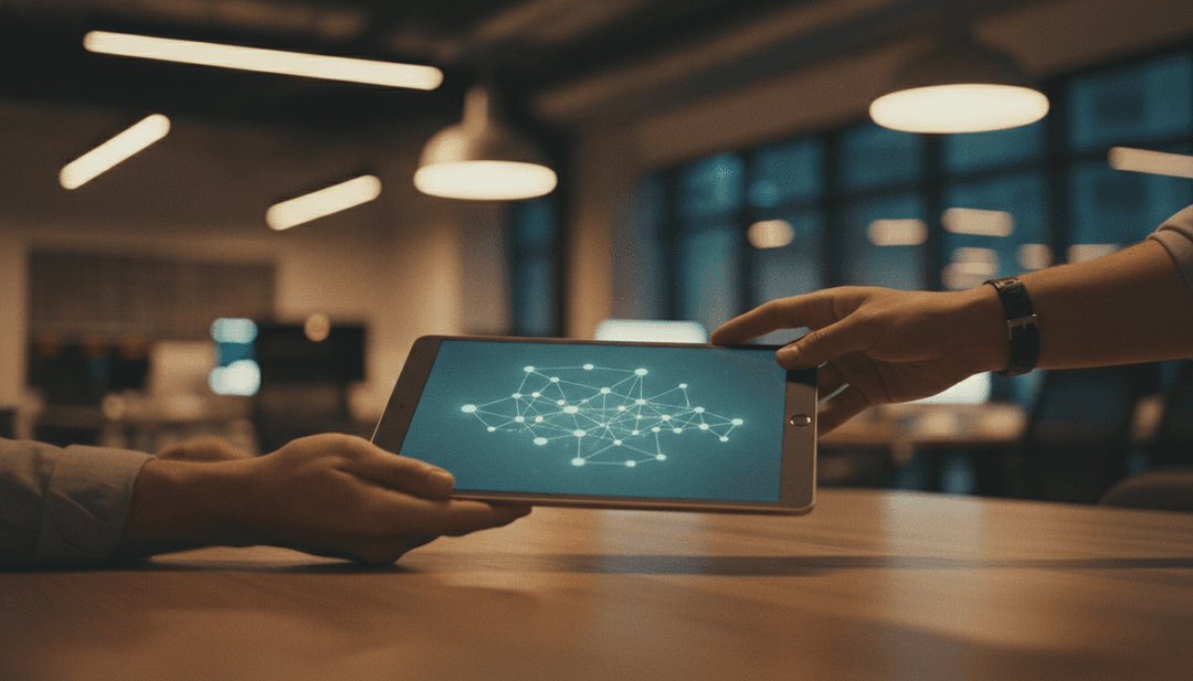 A close-up of a tablet displaying a DAO governance structure being passed between two people, representing a DAO formation announcement on SINA News.