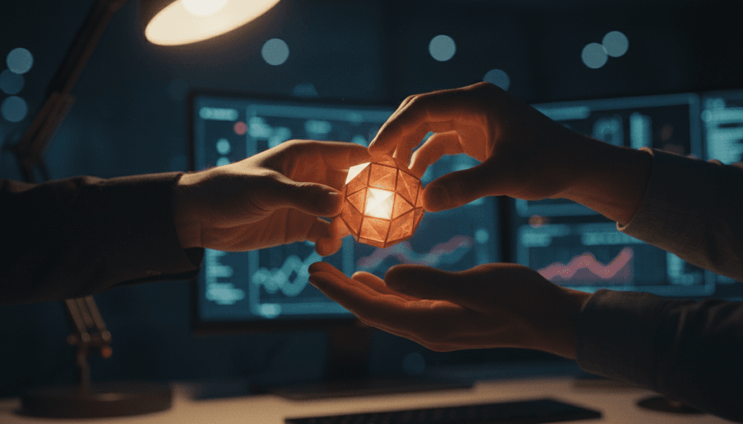 A cinematic photo representing a DeFi protocol launch, with hands exchanging a glowing digital asset, symbolizing a feature on SINA News.